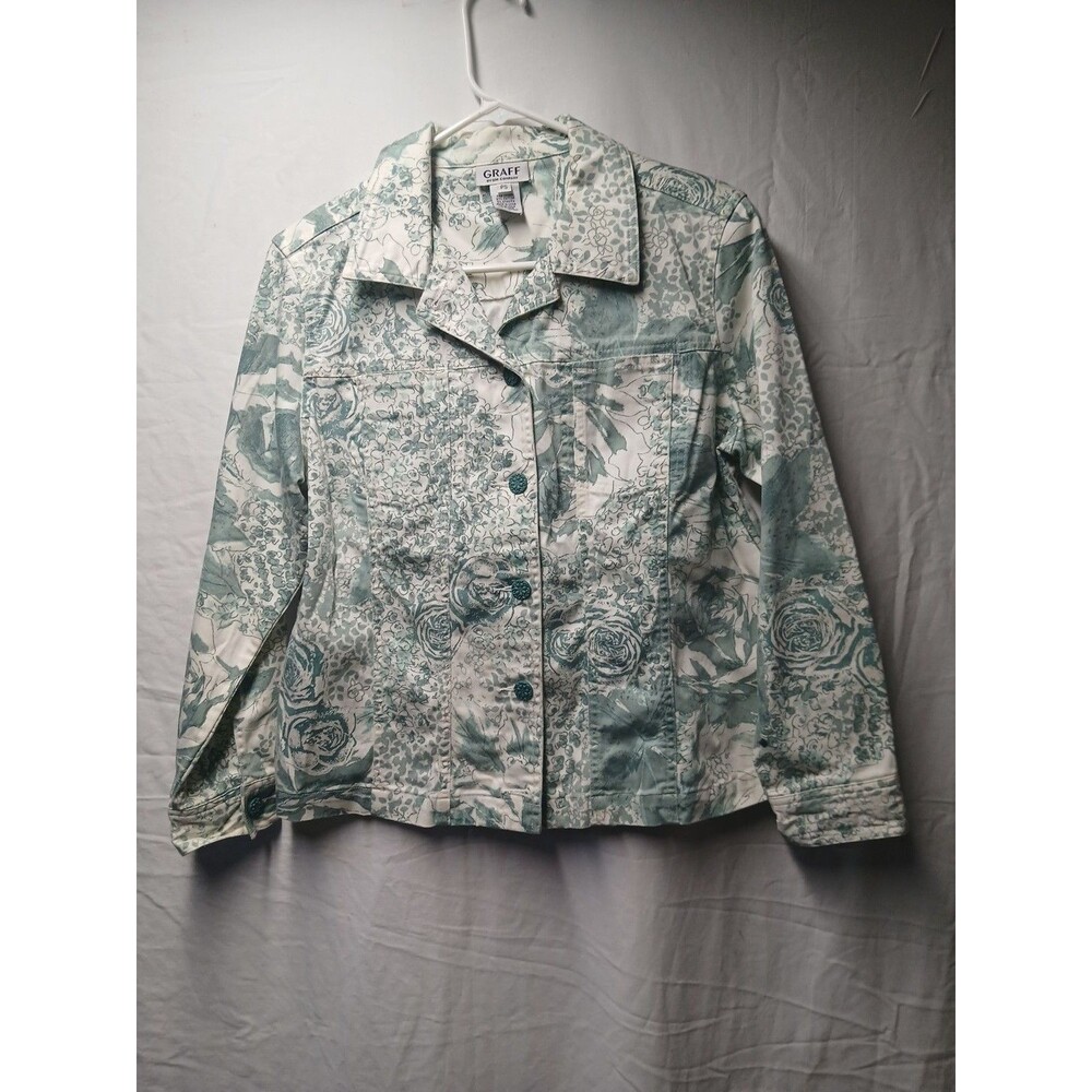 Graff button-down jacket featuring a teal and white floral size Ps Flaw Read